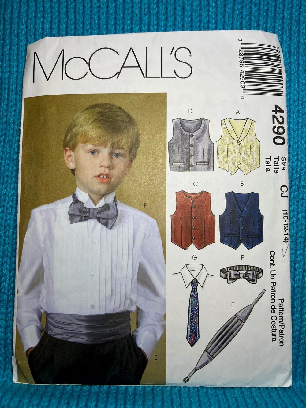 McCalls 4290 pattern kids Boys vest bow tie cummerbund neck tie size 10 12 14